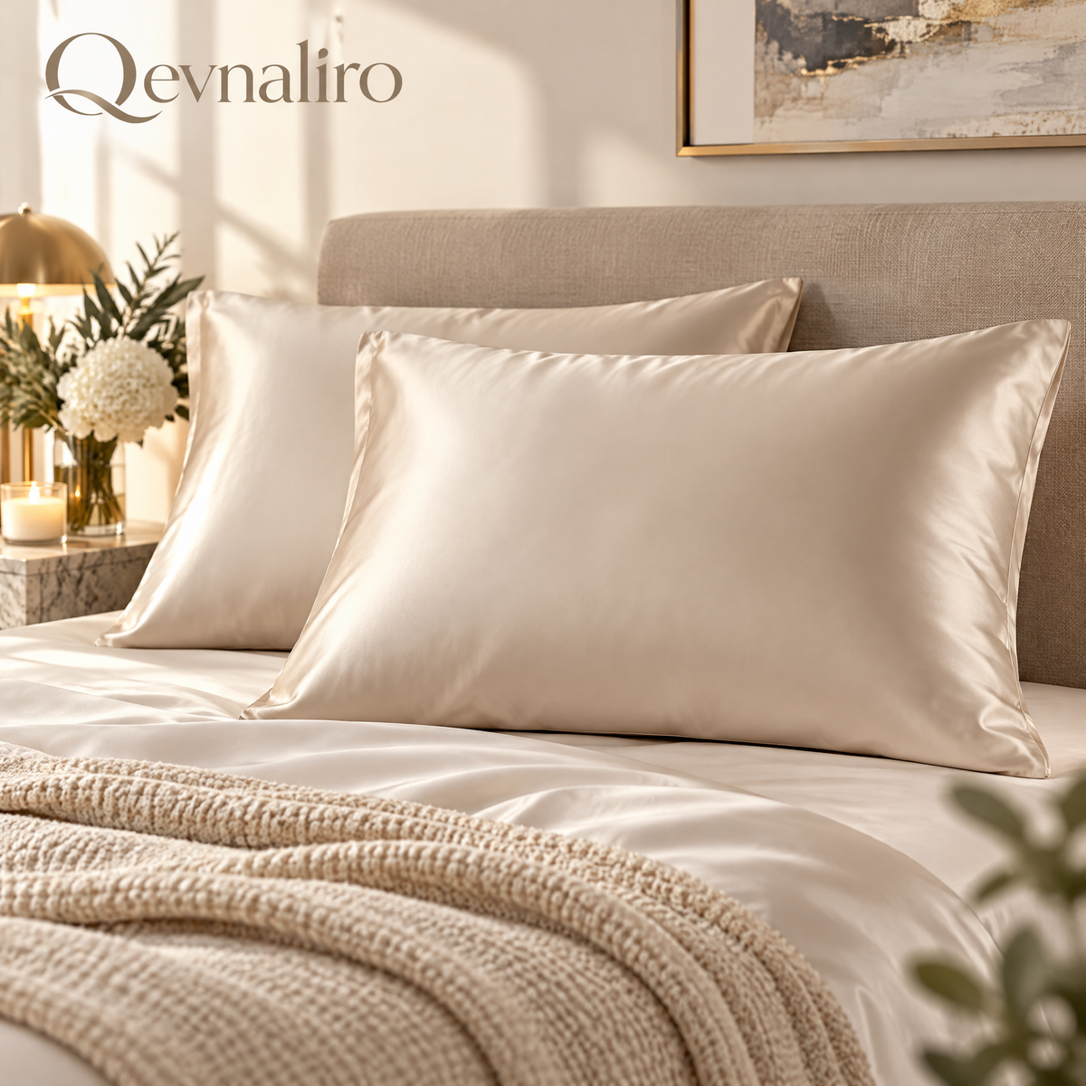 Qevnaliro Luxury Satin Silk Pillowcase Set of 2 – Ultra-Soft Cooling Pillow Covers with Elegant Flanged Edge for Hair & Skin (Champagne)