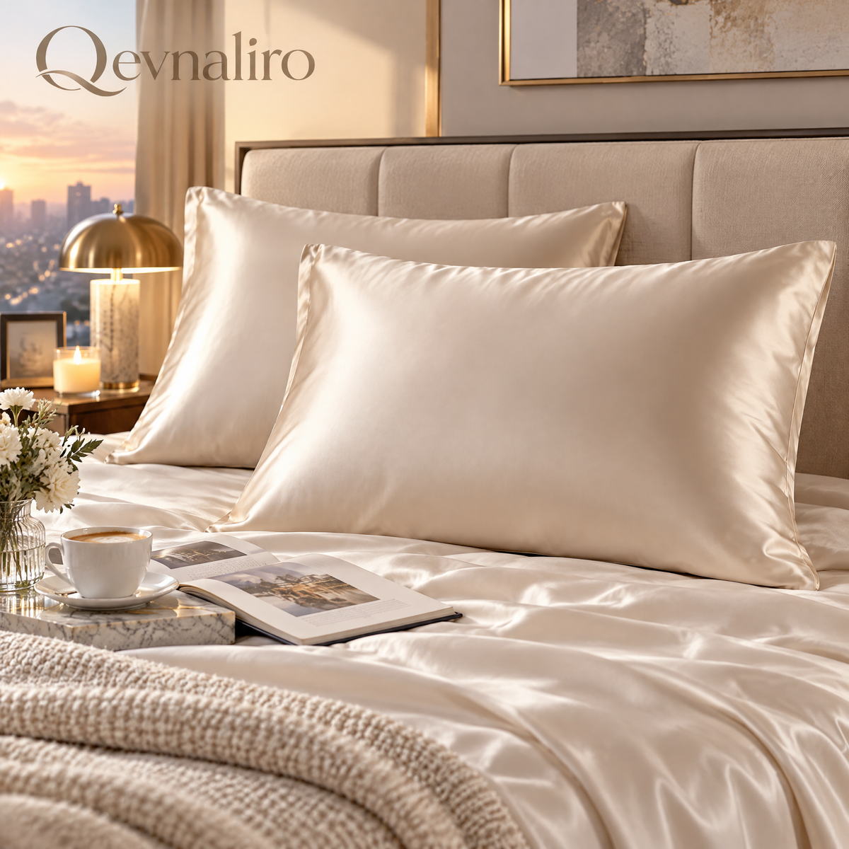 Qevnaliro Luxury Satin Silk Pillowcase Set of 2 – Ultra-Soft Cooling Pillow Covers with Elegant Flanged Edge for Hair & Skin (Champagne)