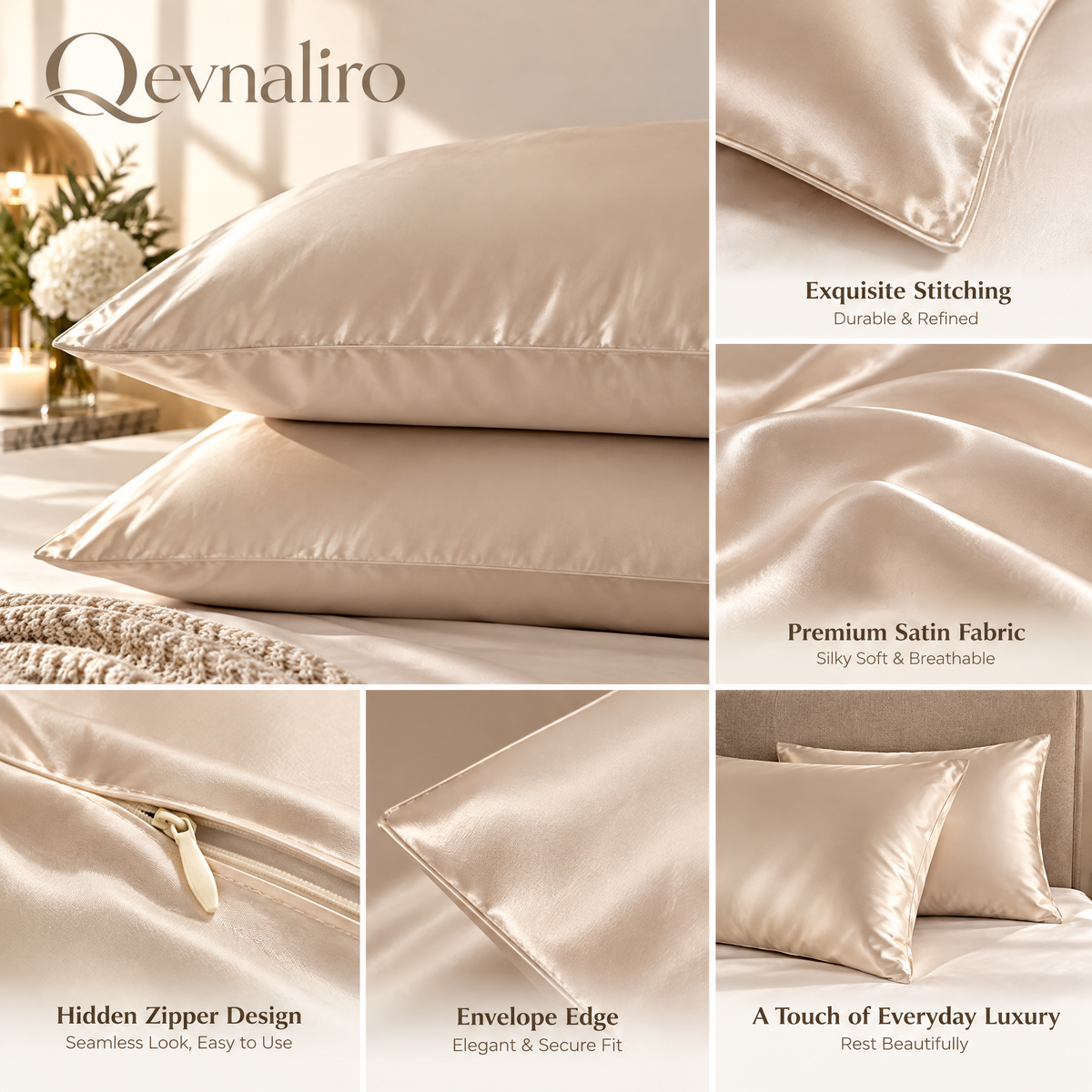 Qevnaliro Luxury Satin Silk Pillowcase Set of 2 – Ultra-Soft Cooling Pillow Covers with Elegant Flanged Edge for Hair & Skin (Champagne)