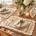 Qevnaliro Luxury Embroidered Scalloped Linen Placemats – French Floral Vine Table Mats for Fine Dining & Entertaining