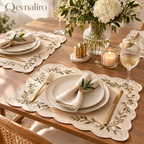 Qevnaliro Luxury Embroidered Scalloped Linen Placemats – French Floral Vine Table Mats for Fine Dining & Entertaining