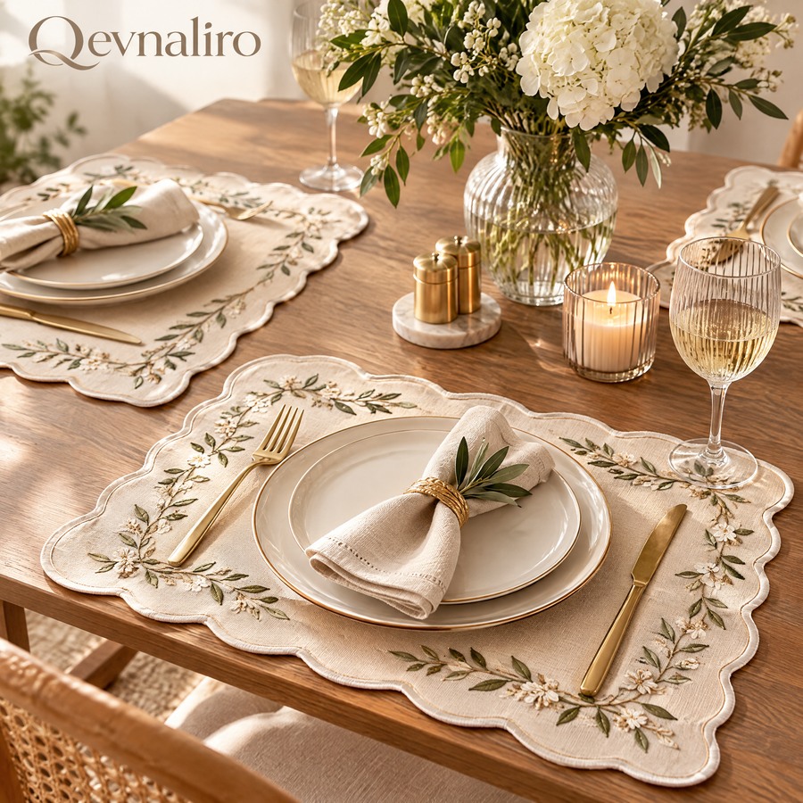 Qevnaliro Luxury Embroidered Scalloped Linen Placemats – French Floral Vine Table Mats for Fine Dining & Entertaining