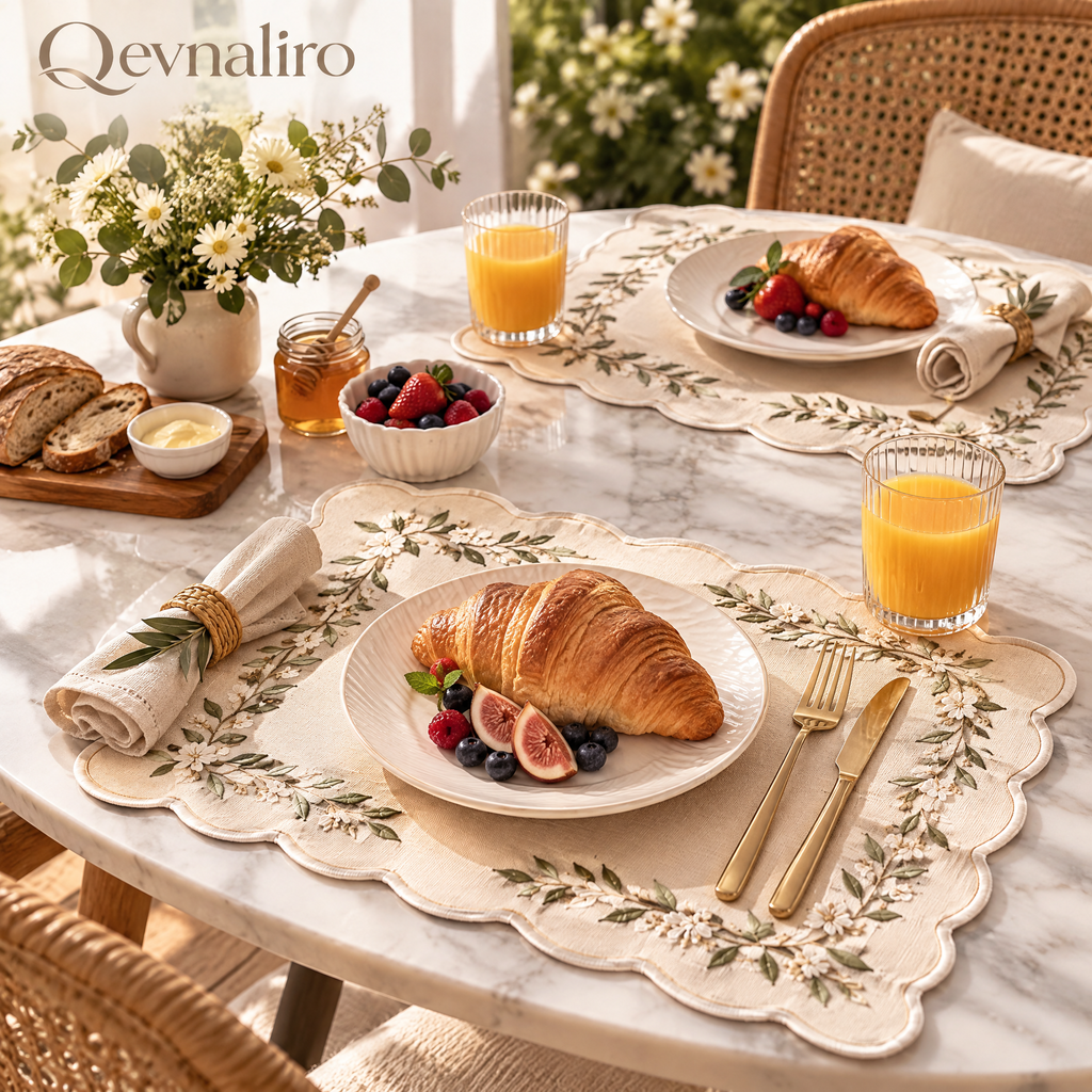 Qevnaliro Luxury Embroidered Scalloped Linen Placemats – French Floral Vine Table Mats for Fine Dining & Entertaining