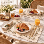 Qevnaliro Luxury Embroidered Scalloped Linen Placemats – French Floral Vine Table Mats for Fine Dining & Entertaining