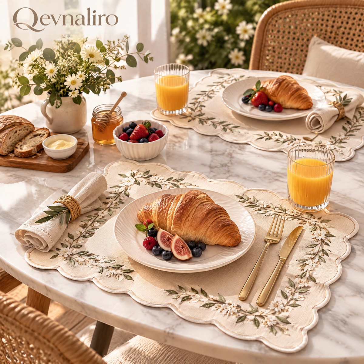 Qevnaliro Luxury Embroidered Scalloped Linen Placemats – French Floral Vine Table Mats for Fine Dining & Entertaining