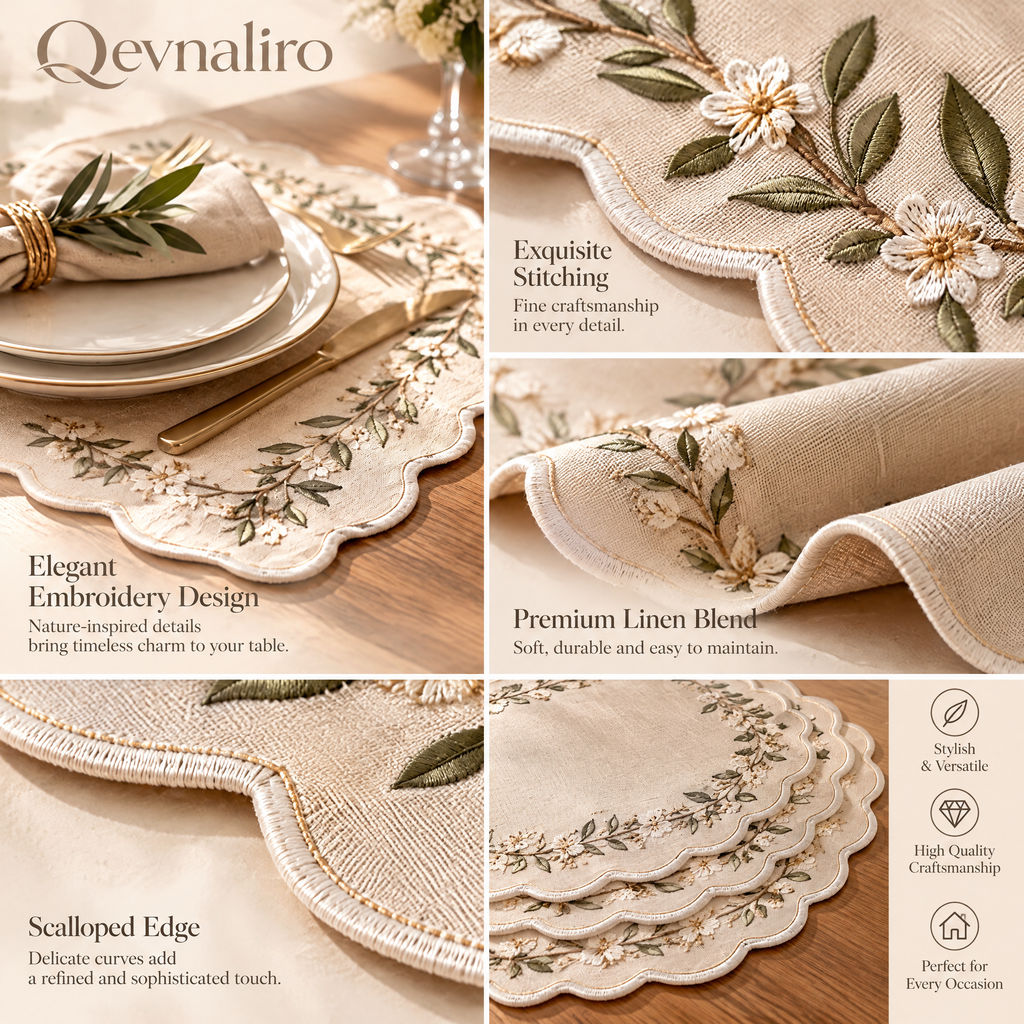 Qevnaliro Luxury Embroidered Scalloped Linen Placemats – French Floral Vine Table Mats for Fine Dining & Entertaining