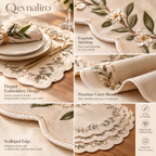 Qevnaliro Luxury Embroidered Scalloped Linen Placemats – French Floral Vine Table Mats for Fine Dining & Entertaining