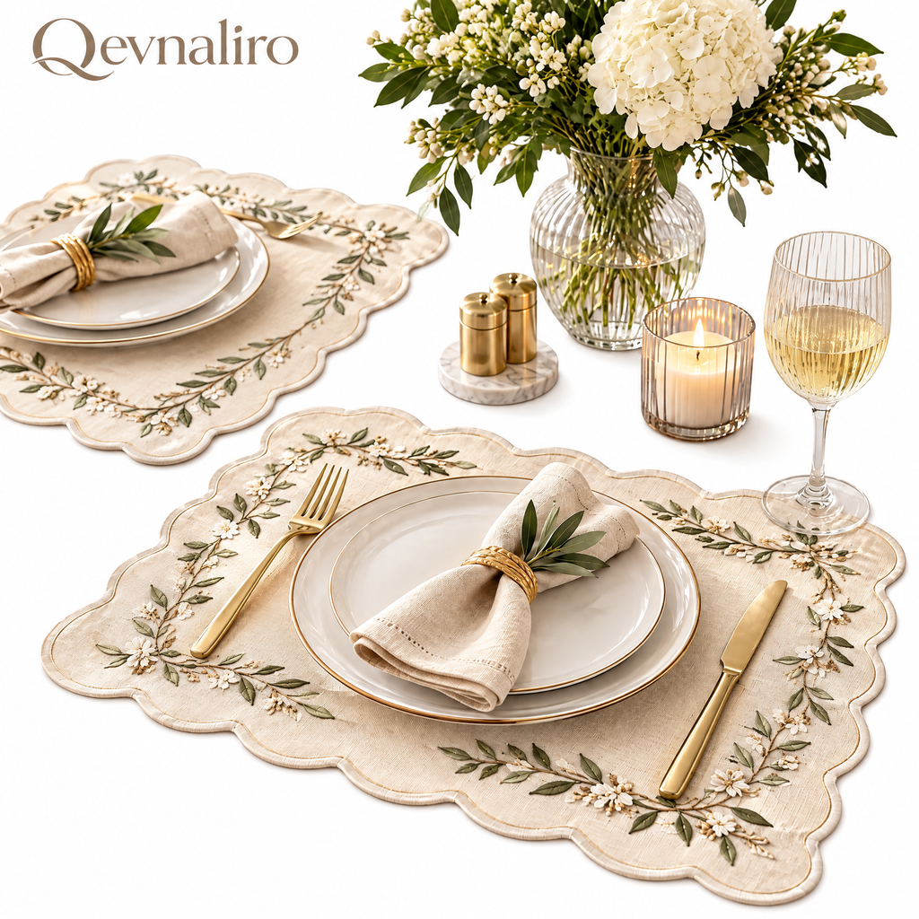 Qevnaliro Luxury Embroidered Scalloped Linen Placemats – French Floral Vine Table Mats for Fine Dining & Entertaining