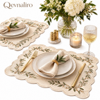Qevnaliro Luxury Embroidered Scalloped Linen Placemats – French Floral Vine Table Mats for Fine Dining & Entertaining