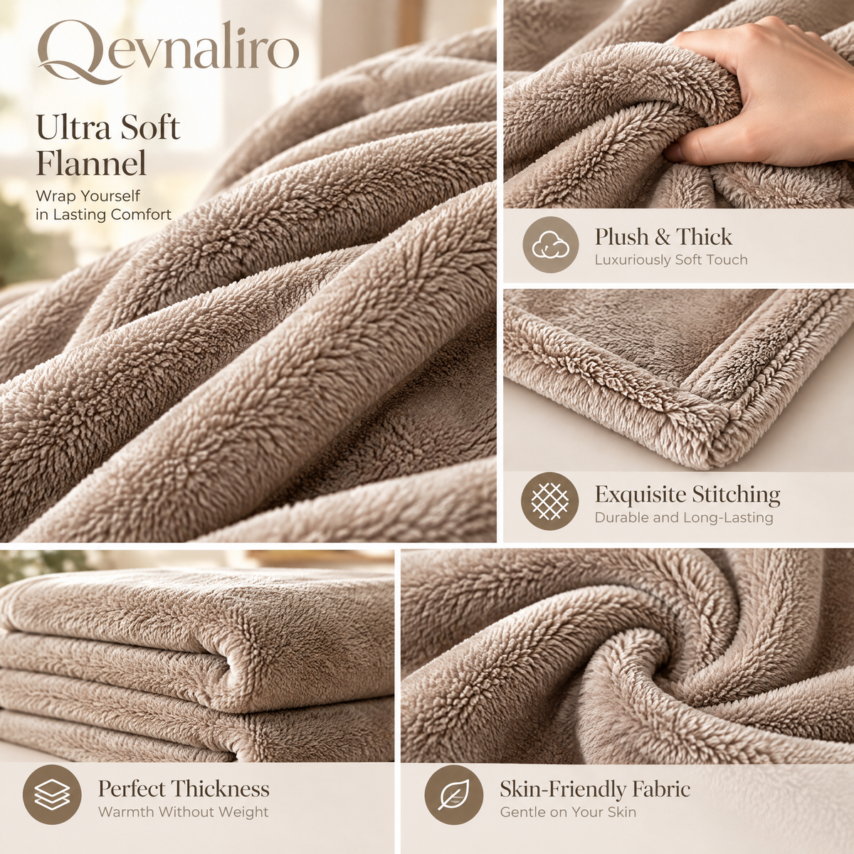 Qevnaliro Luxury Plush Throw Blanket, Ultra-Soft Fluffy Velvet Fleece Blanket for Couch & Sofa, Cozy Warm All-Season Throw (Warm Taupe)