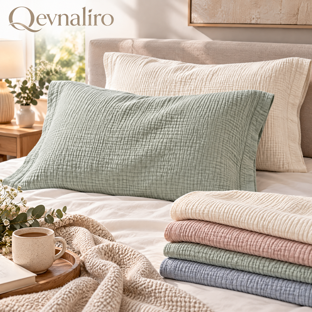 Qevnaliro 100% Washed Cotton Muslin Pillow Sham Set – Ultra-Soft Crinkle Textured Pillowcases with Tailored Flange
