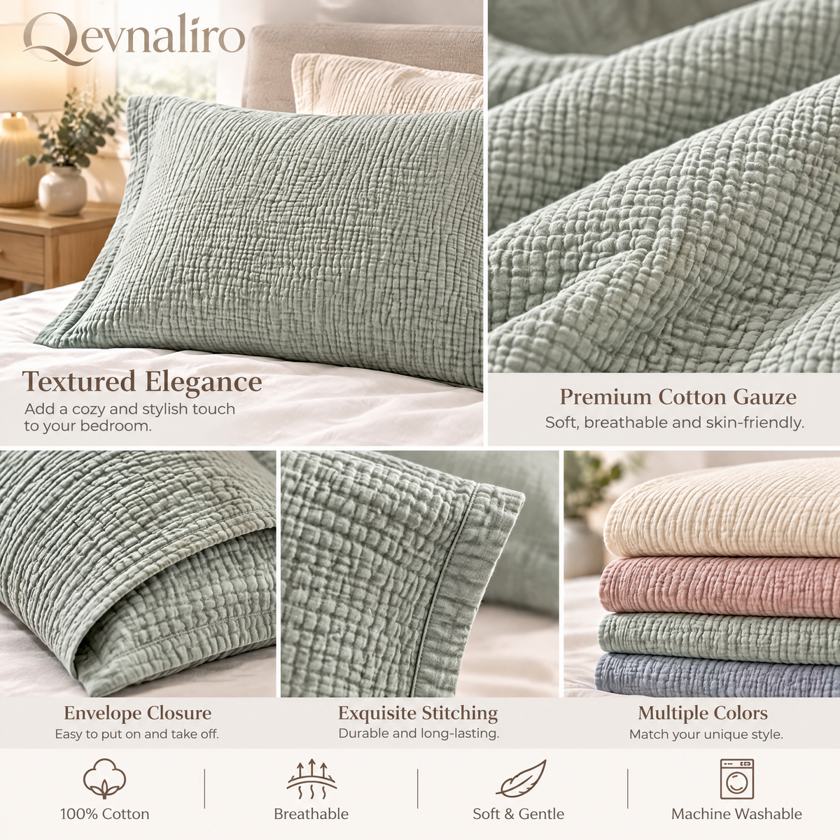 Qevnaliro 100% Washed Cotton Muslin Pillow Sham Set – Ultra-Soft Crinkle Textured Pillowcases with Tailored Flange