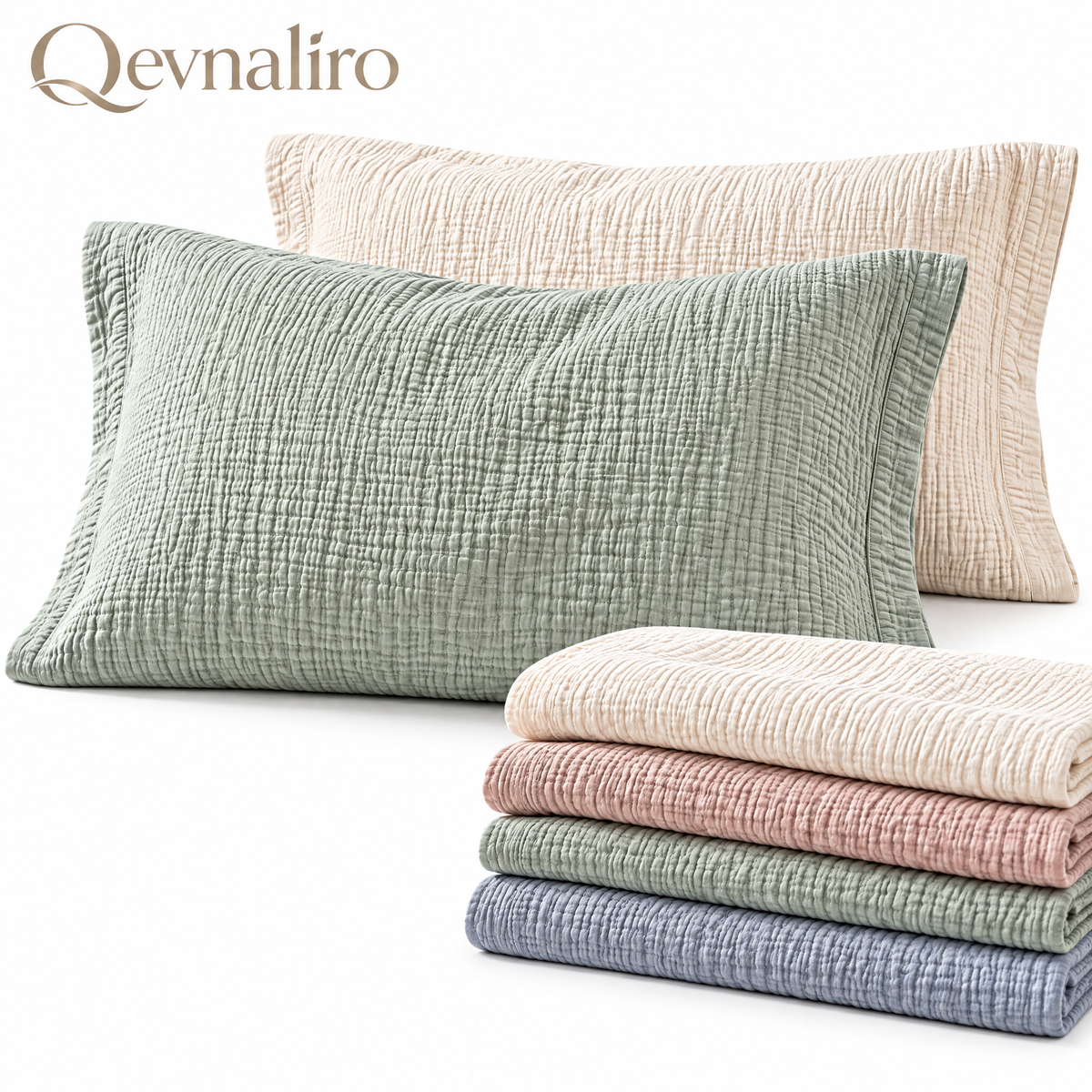 Qevnaliro 100% Washed Cotton Muslin Pillow Sham Set – Ultra-Soft Crinkle Textured Pillowcases with Tailored Flange