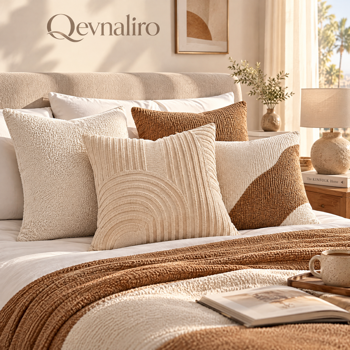 Qevnaliro Modern Geometric Textured Throw Pillow Covers – Bouclé & Ribbed Arch Accent Cushion Covers for Sofa, Bed & Living Room
