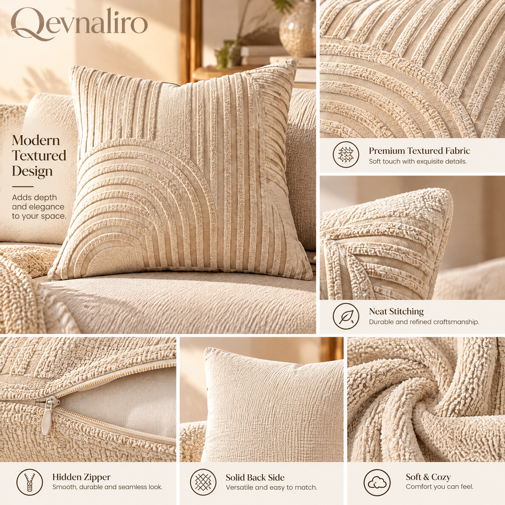Qevnaliro Modern Geometric Textured Throw Pillow Covers – Bouclé & Ribbed Arch Accent Cushion Covers for Sofa, Bed & Living Room