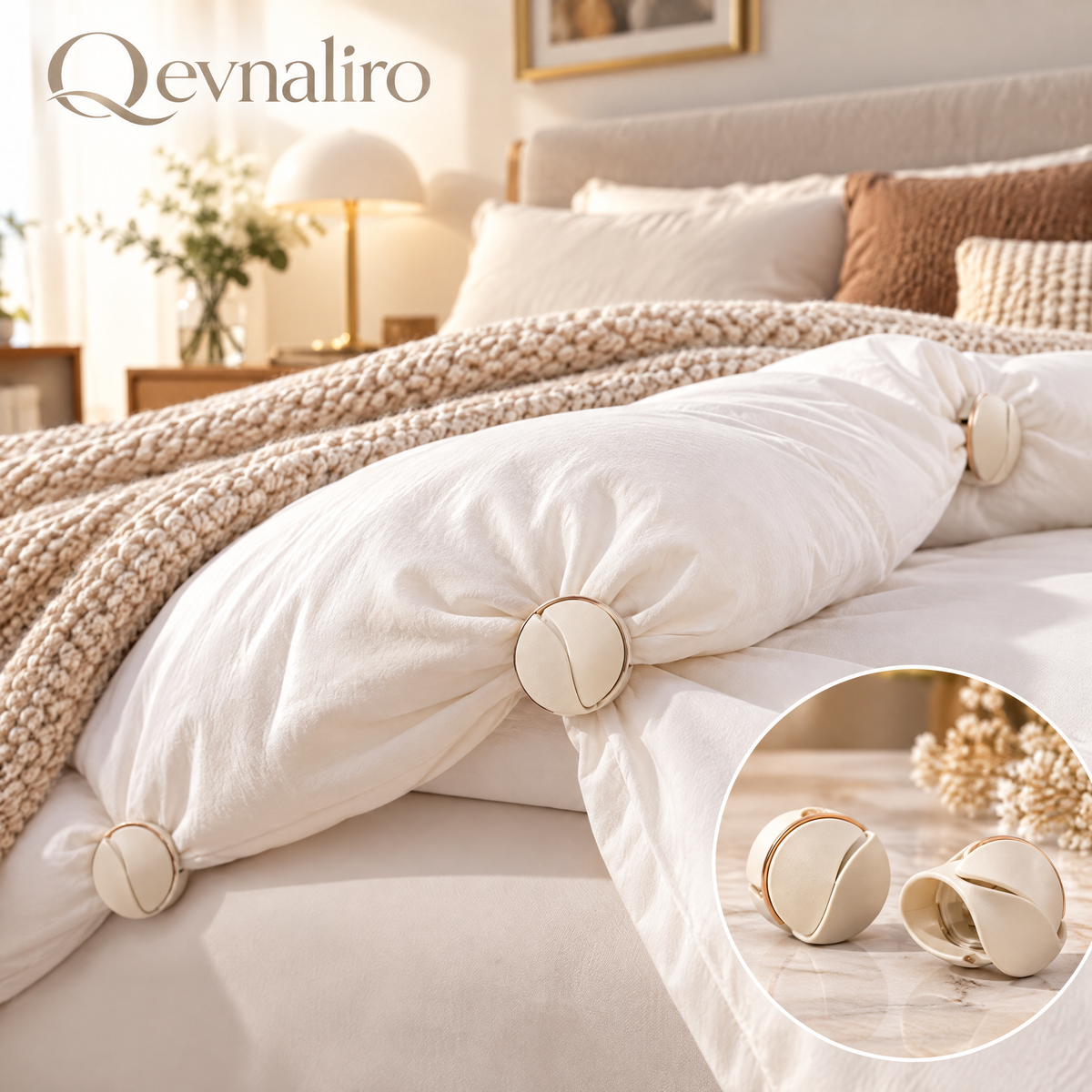 Qevnaliro Premium Leatherette Duvet Clips – Luxury Non-Slip Comforter Fasteners with Gold Trim (Pack of 4/8)