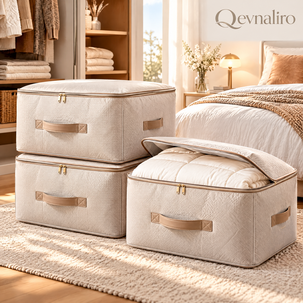 Qevnaliro Luxury Quilted Bedding & Clothes Storage Bags with Reinforced Handles, Large Capacity Stackable Fabric Comforter Organizer for Closet & Bedroom