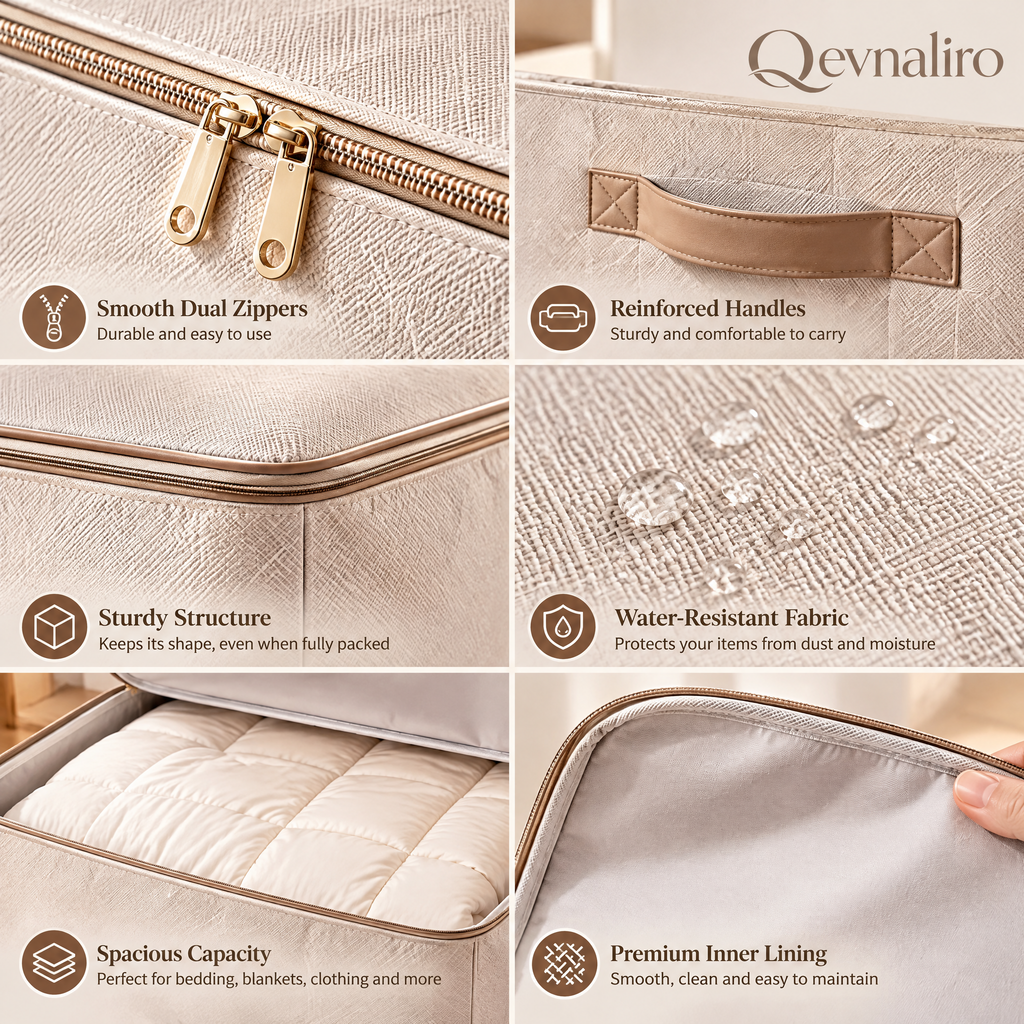 Qevnaliro Luxury Quilted Bedding & Clothes Storage Bags with Reinforced Handles, Large Capacity Stackable Fabric Comforter Organizer for Closet & Bedroom