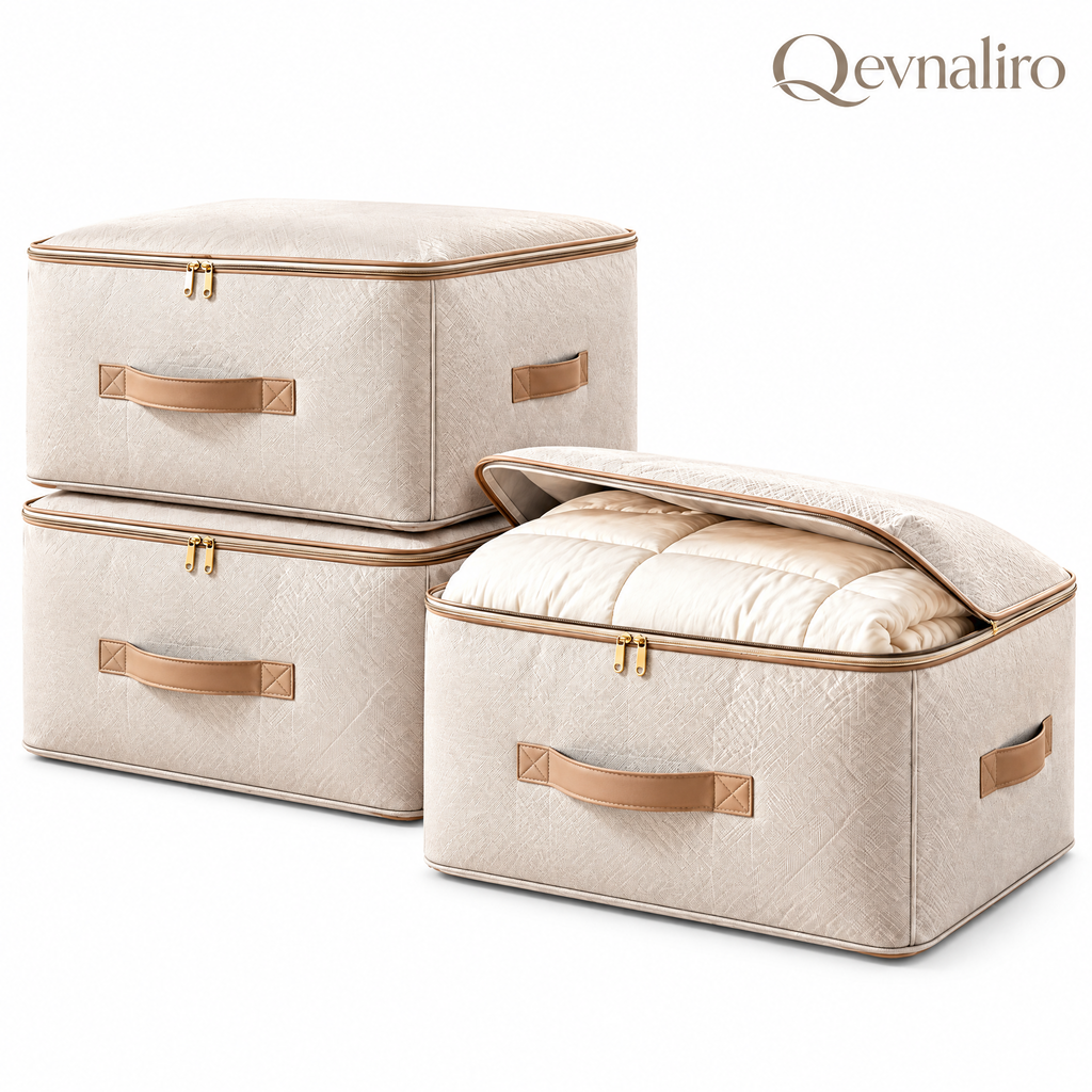 Qevnaliro Luxury Quilted Bedding & Clothes Storage Bags with Reinforced Handles, Large Capacity Stackable Fabric Comforter Organizer for Closet & Bedroom