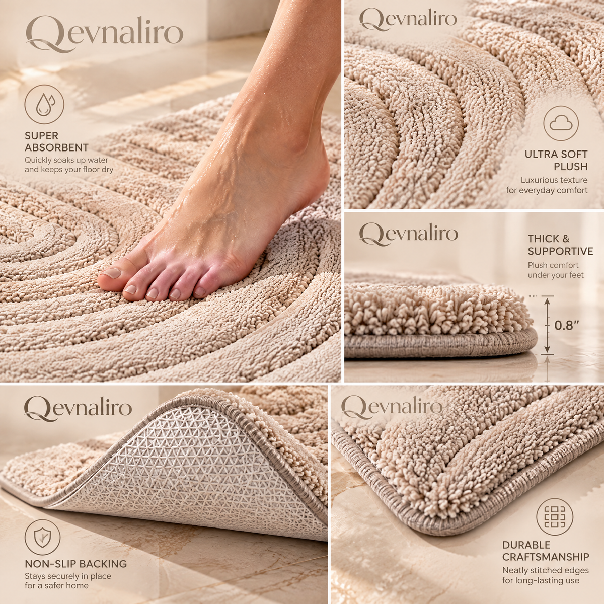 Qevnaliro Luxury 3D Tufted Arch Bath Mat – Ultra-Soft Absorbent Non-Slip Bathroom Rug, Modern Spa-Grade Accent Rug