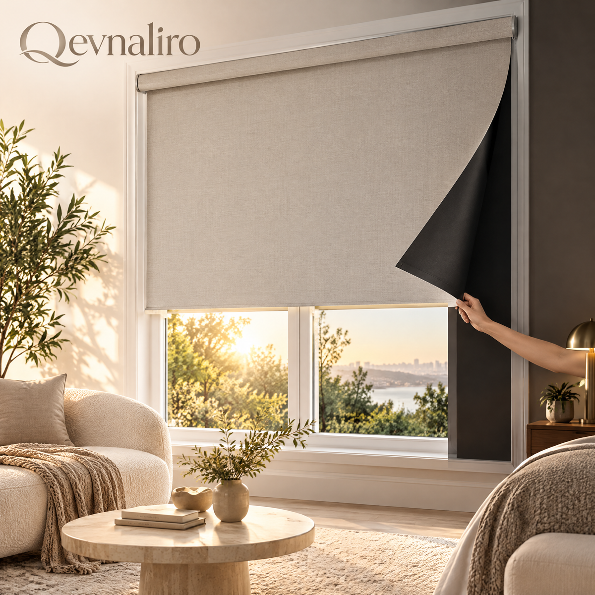 Qevnaliro 100% Blackout Roller Shades, Textured Linen Thermal Insulated Window Blinds for Living Room & Bedroom