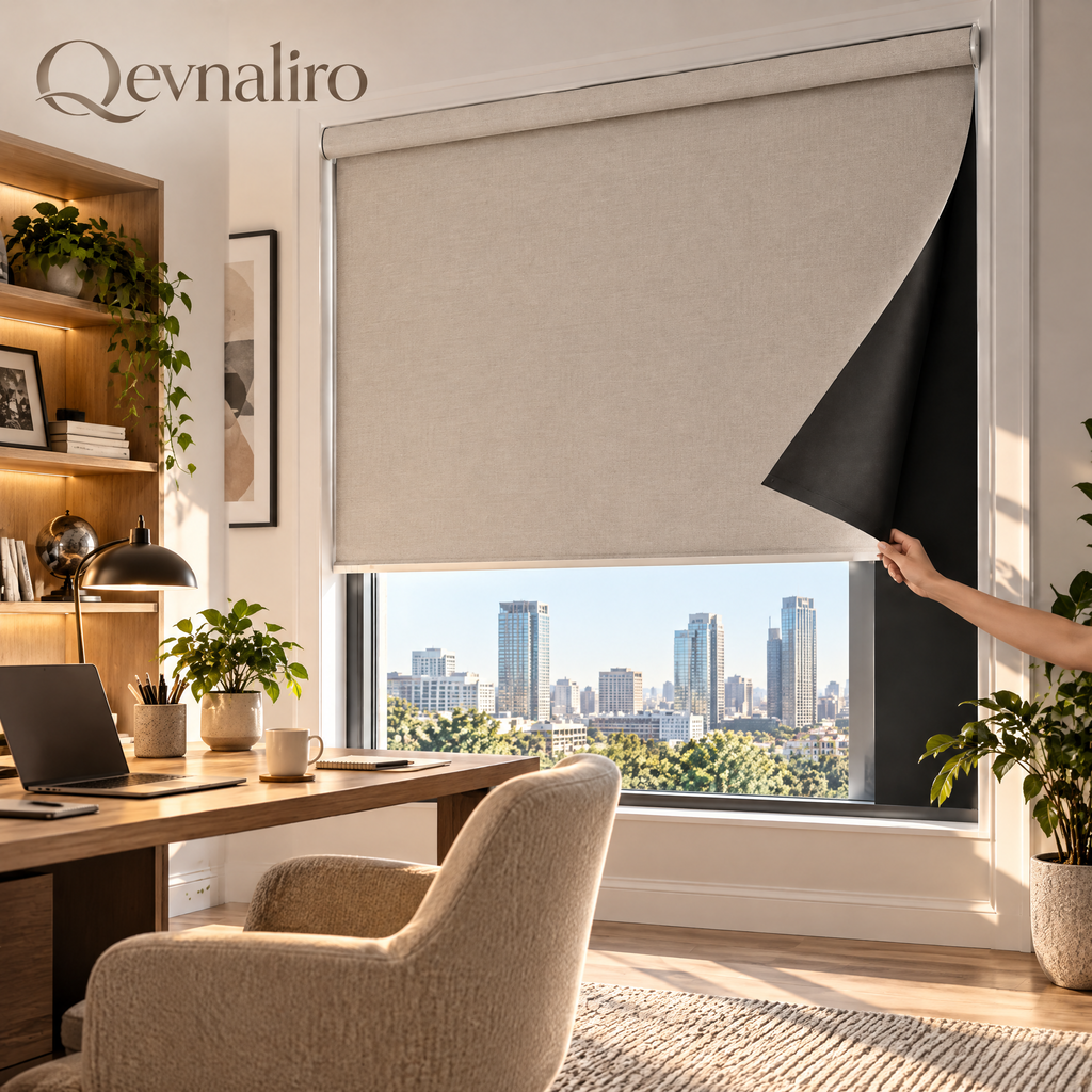 Qevnaliro 100% Blackout Roller Shades, Textured Linen Thermal Insulated Window Blinds for Living Room & Bedroom