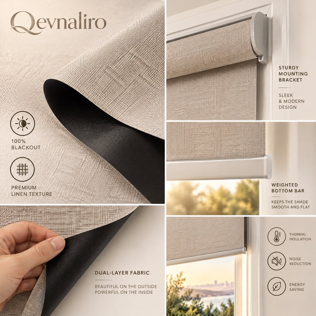 Qevnaliro 100% Blackout Roller Shades, Textured Linen Thermal Insulated Window Blinds for Living Room & Bedroom