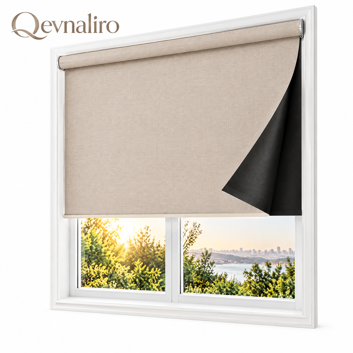 Qevnaliro 100% Blackout Roller Shades, Textured Linen Thermal Insulated Window Blinds for Living Room & Bedroom